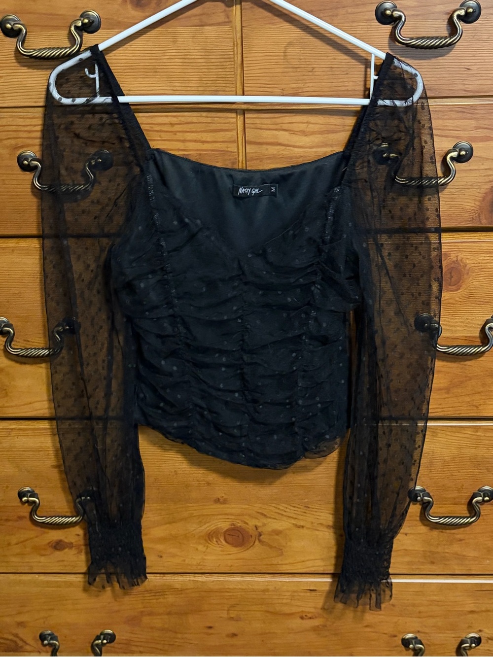 Nasty Gal Black Sheer Ruched Dot-Embellished Long Sleeve Top